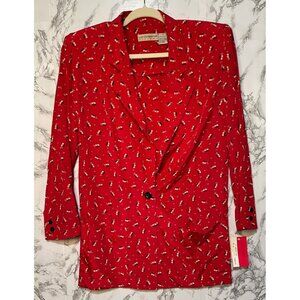 Liz Claiborne Vintage 1990s  Red Silk Blazer guitars  Sz 4 Modern Jazz Print